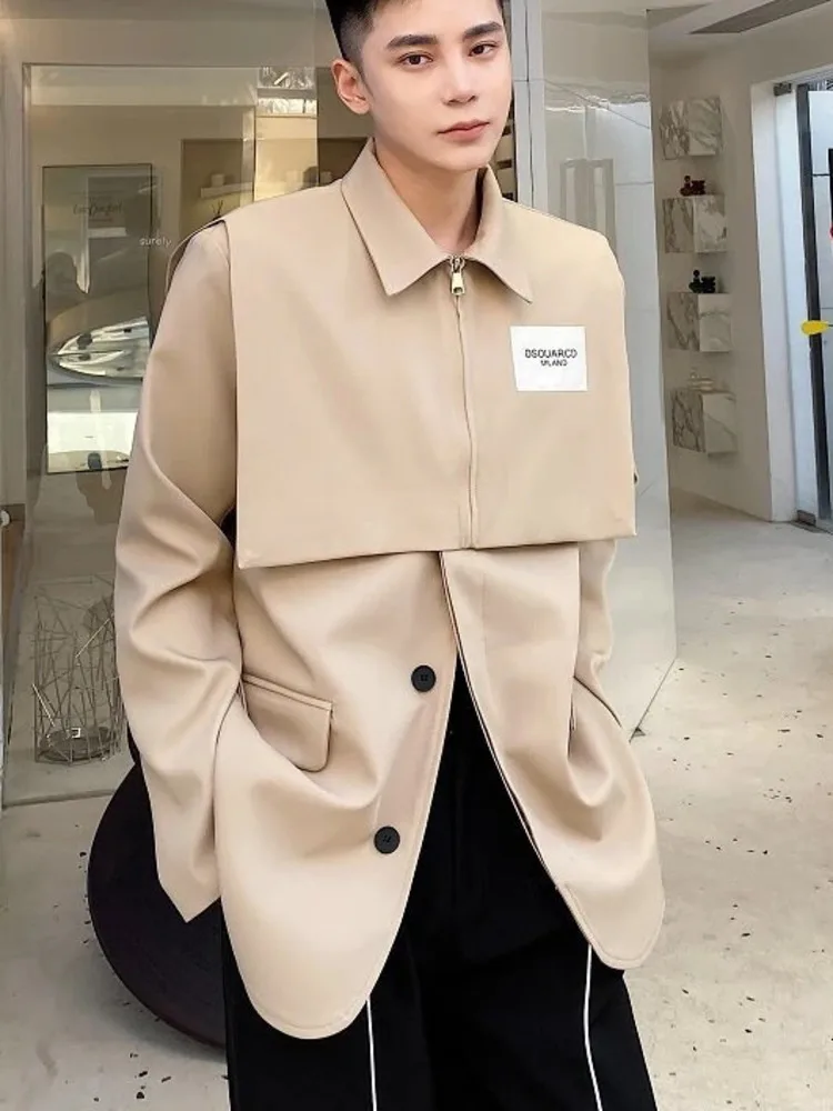 Men's Refined Khaki Blazer Jacket Casual Fake Two Piece Patchwork High End Minimalist Formal Oversized Suit Coat Z2LL