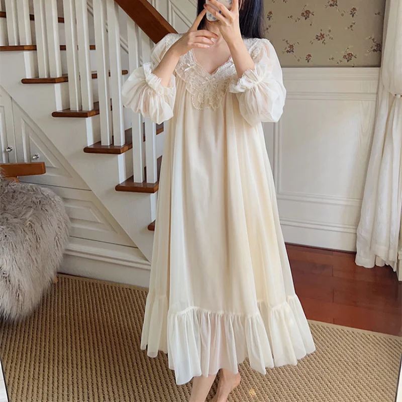 Women Mesh Night Dress Fairy Cotton Sexy Lace Peignoir Long Sleeve Sleepwear Princess Nightwear Spring Summer Vintage Nightgown