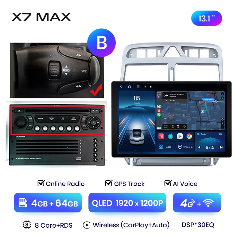 Junsun 13.1 inch QLED Android draadloze CarPlay autoradio voor Peugeot 307 307CC 307SW 2002-2013 intelligente systemen DSP SWC