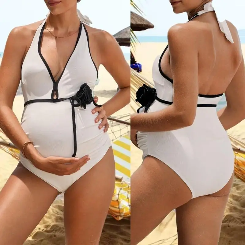 

Maternity Swimsuit Halter Neck with 3D Floral Design High Elasticity Quick Dry Fabric Full Coverage for Pregnant Women A2UB