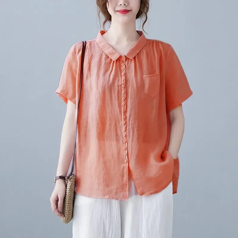 

Solid Color Pockets Turn-down Collar Short Sleeve Button Loose Casual Shirts Summer Thin Vintage Straight Women's Clothing X873