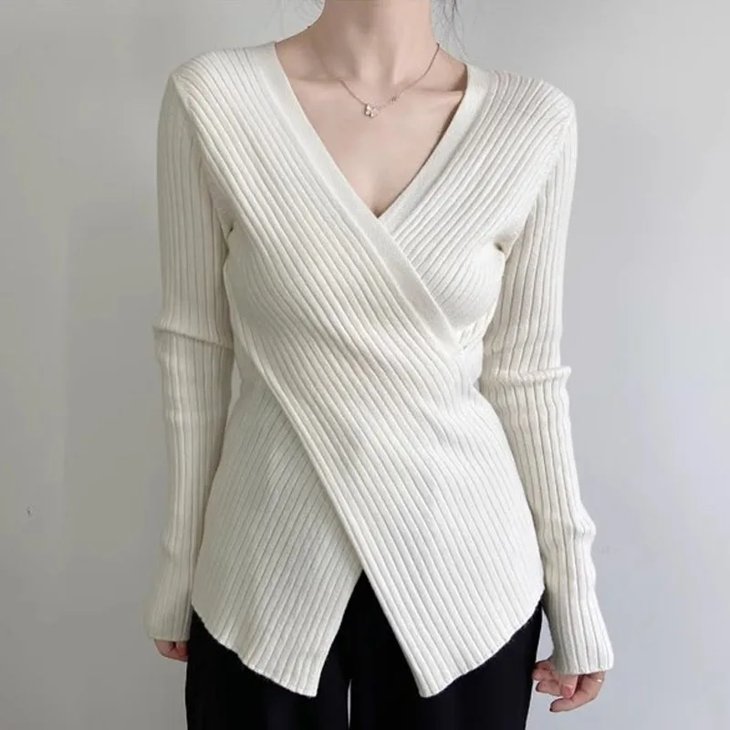 

Sueters De Mujer V-Neck Criss-cross Knitted Sweater Women Pullovers New Black Long Sleeve Knit Sweater Pullover Women Tops Q2384