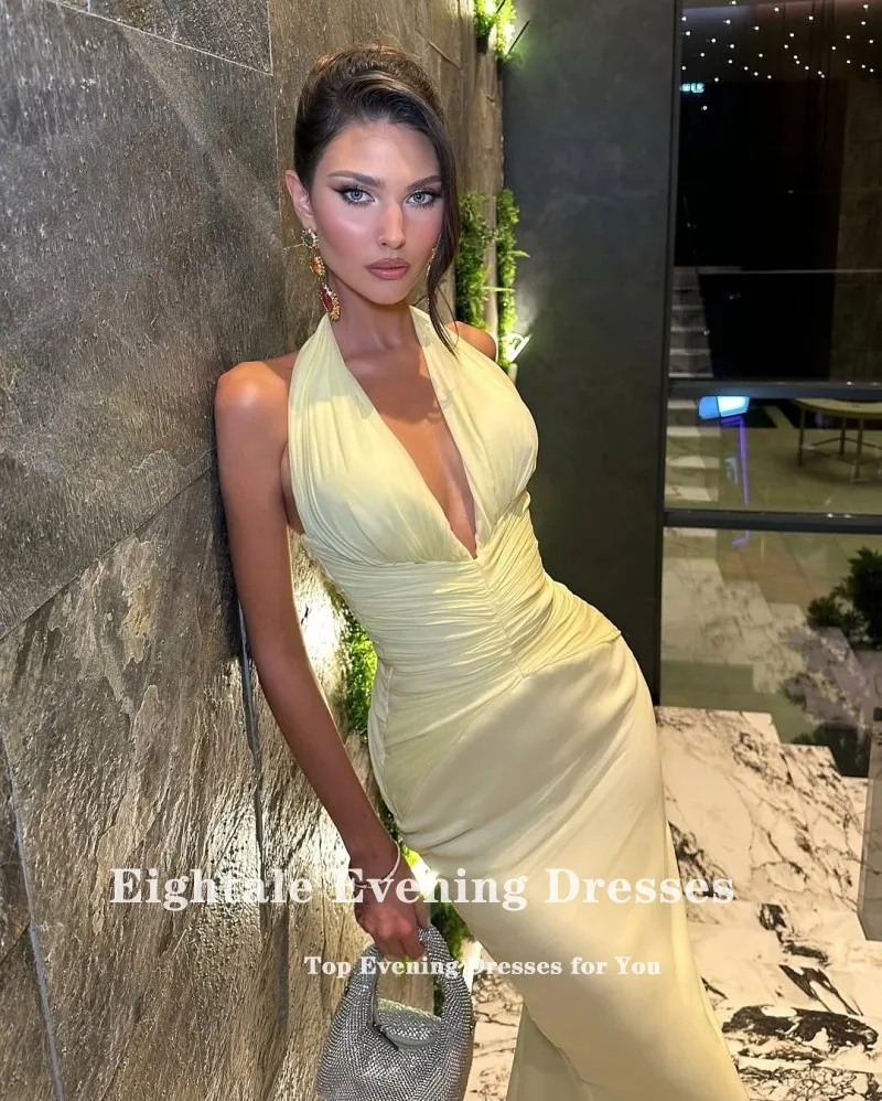 Robe de soirée arabe de quatre-quarts, col licou, personnalisée, en mousseline de soie, plis jaunes, sirène, robe de bal de mariage