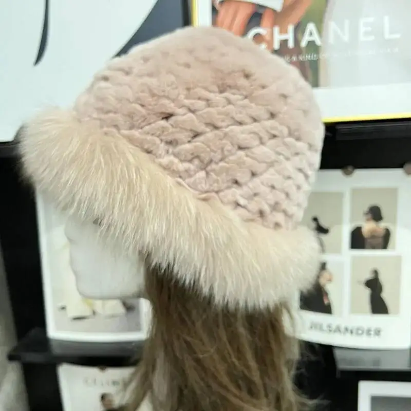 Fur Hat Winter Real Rex Rabbit Fur Hat With Fox Fur Edge Warm Fisherman Hat Luxury Knitted Natural Fur Caps Russians Outdoor Hat