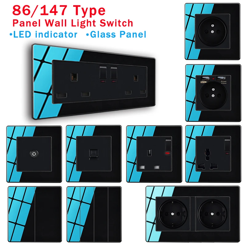 

13A/16A Black Panel EU France Russian Electrical Sockets And Wall Switches With LED 1 2 3 4Gang 1 2 Way USB Charging Port