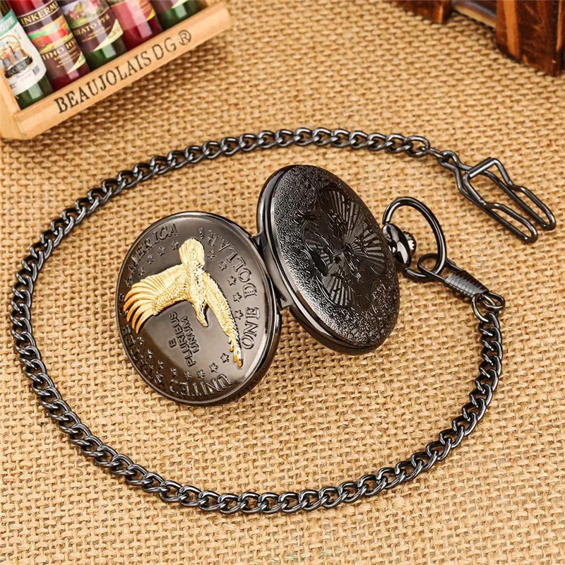 นาฬิกาพกโบราณ สหรัฐอเมริกา หนึ่งดอลลาร์ ลายนกอินทรี ระบบควอตซ์ นาฬิกาอนาล็อก สายคล้องคอแบบ FOB ตัวเลขโรมัน