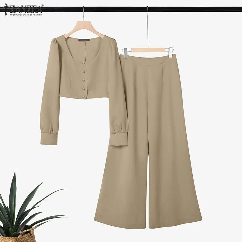 Elegant Women's Pant Suits Retro Wide Leg Pant & Square Neck Long Sleeve Crop Top 2 Pieces Sets ZANZEA Minimalist Commute Outfit