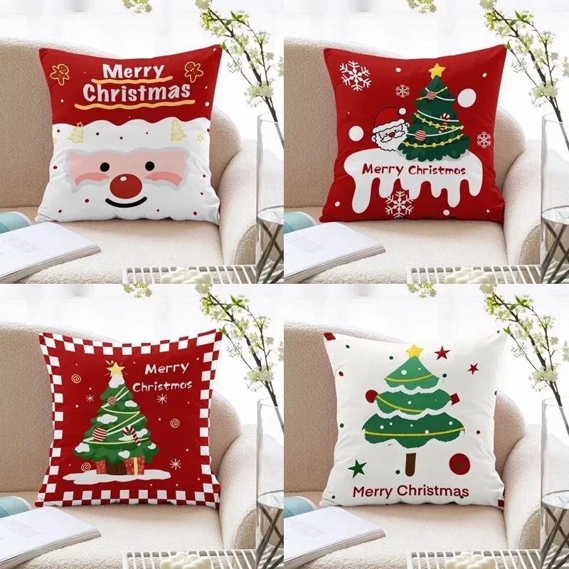 Funda de almohada quadrada de poliéster con elementos decorativos navideños, funda de cojín decorativo para sofá, sala de estar