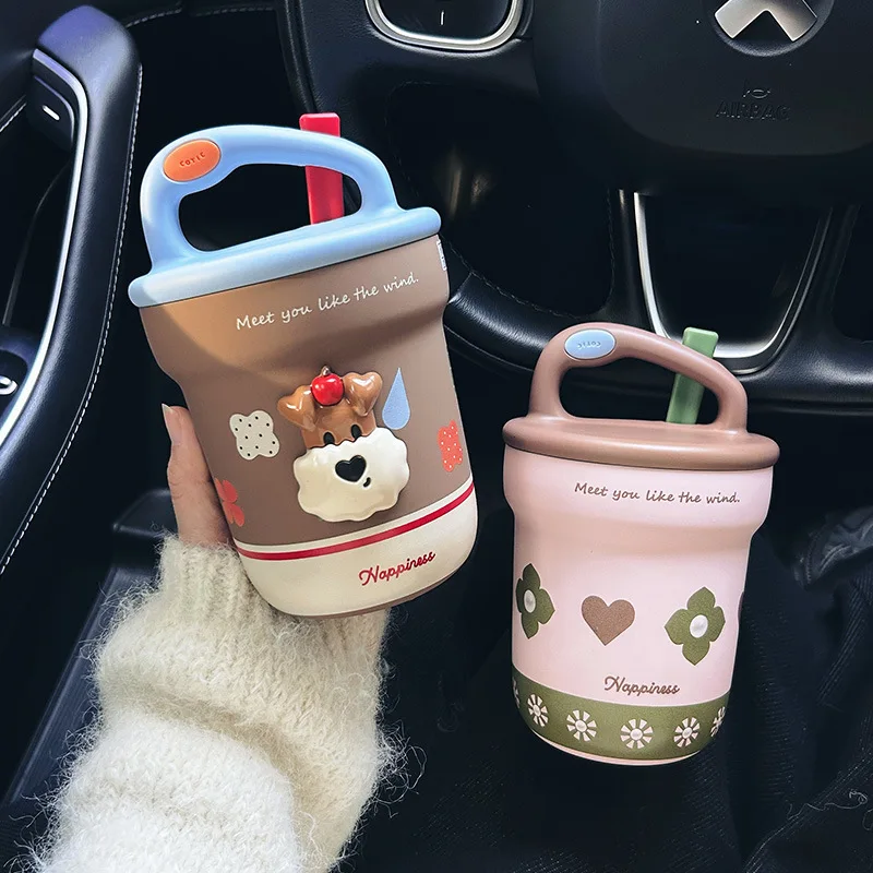New style ceramic liner thermos cup for girls, good-looking couple, bestie breakfast cup, portable, creative, simple polka dot