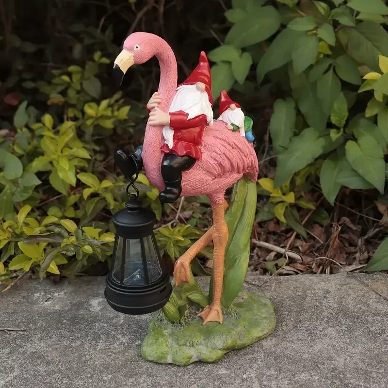 Resin Flamingo & Gnome Statue Hand-painted Lantern & Coastal Artistic Design Garden Decorative Outdoor Figurines