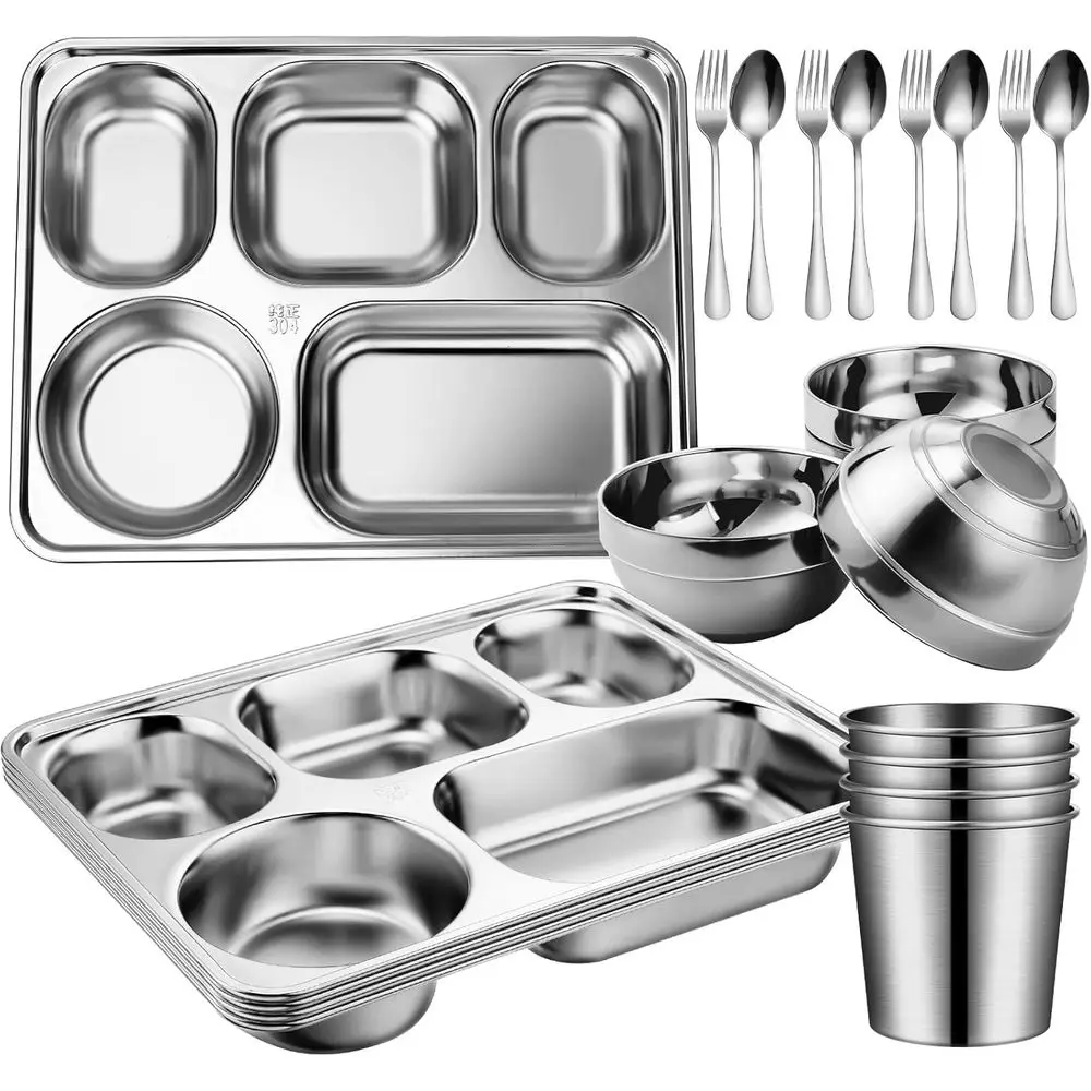 

20-Piece Stainless Steel Plate and Bowl Set with Cutlery, Leakproof Divided Plates, Ideal for Home, Outdoors, and Travel