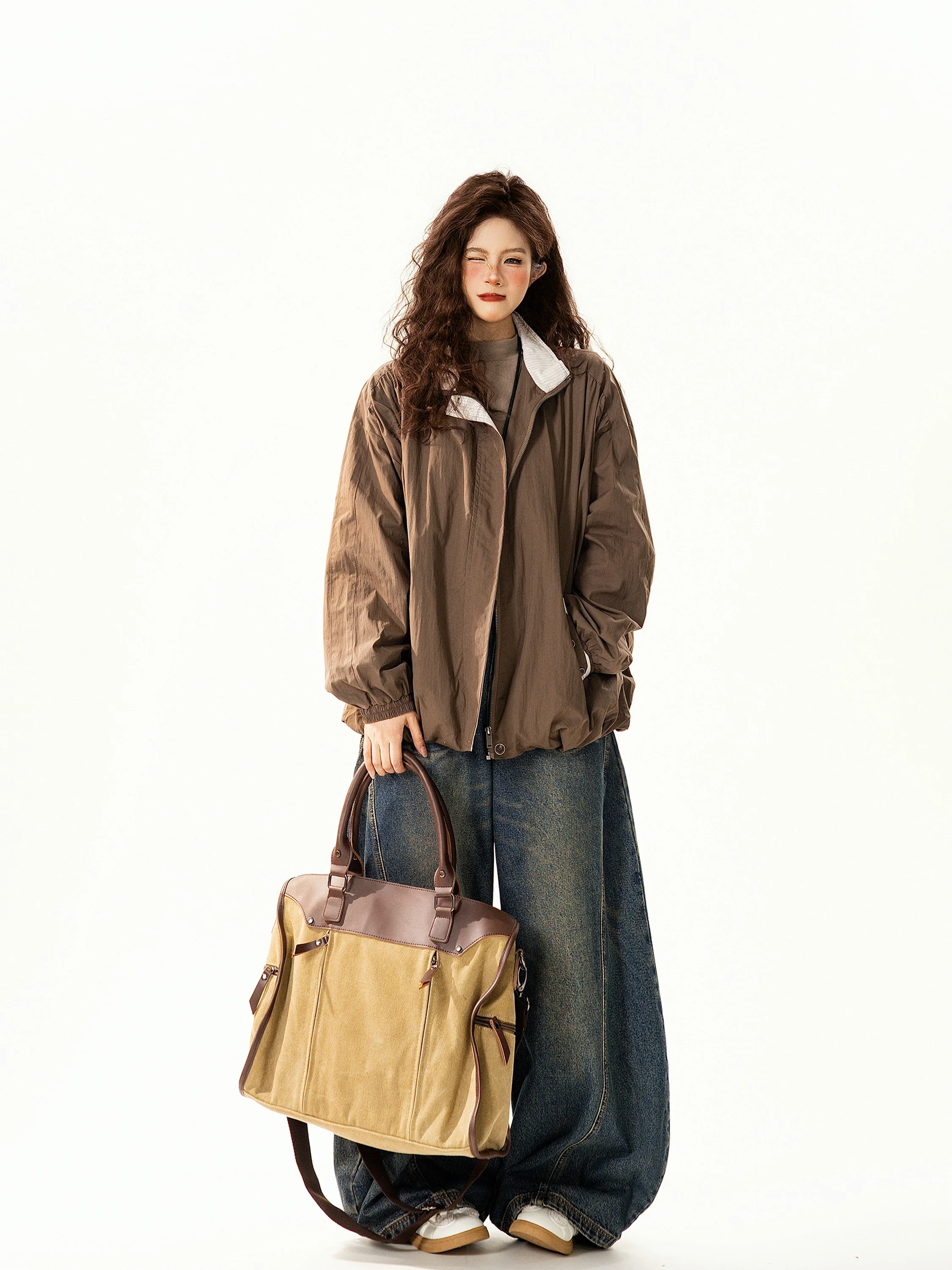 

Ретро-куртка в американском стиле с цветными блоками и воротником-стойкой, женская, свободного кроя, повседневная, универсальная, весенняя новинка, уличная мода