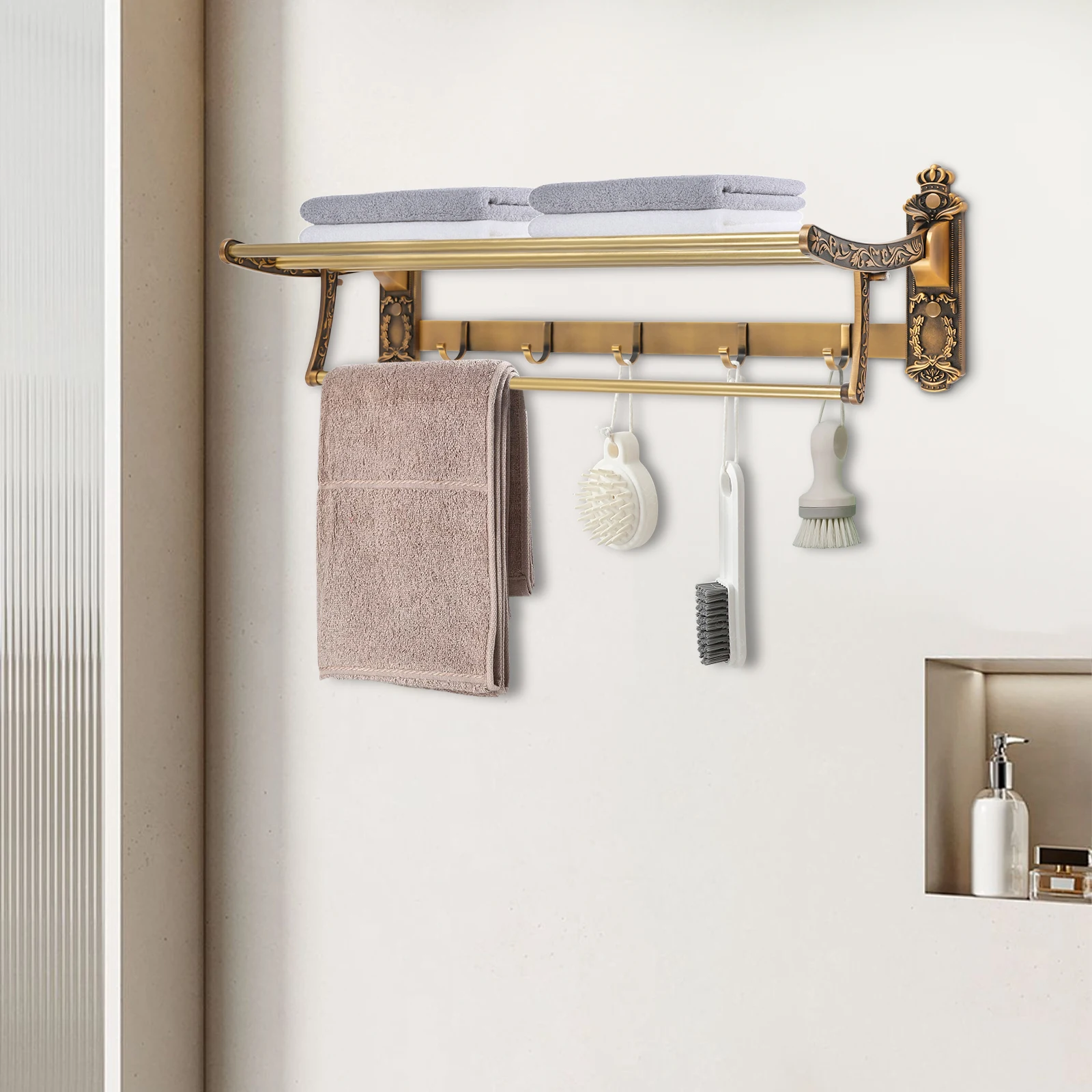 

Вешалка для полотенец из алюминиевого сплава, складная настенная вешалка для полотенец, винтажная вешалка для полотенец для ванной комнаты 60,5*25,5*18,5 см