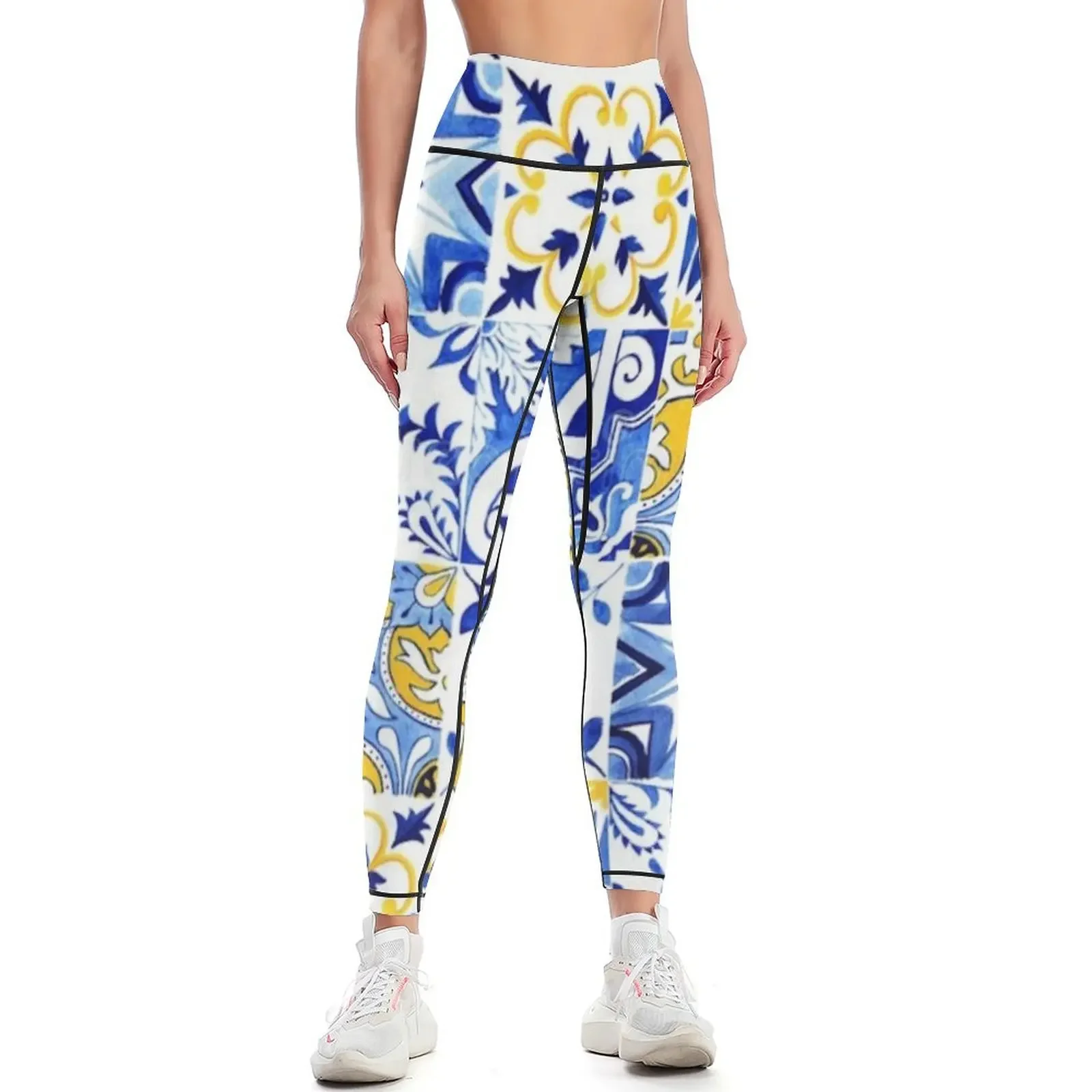 Azulejos portugués Amarillo - Centro de la ciudad histórica - Patrones abstractos en azulejos Leggings fitness set gimnasio Leggings para mujer