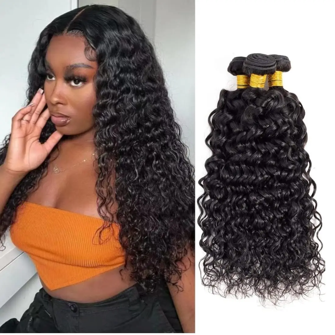 

Пучки человеческих волос Water Wave Вьющиеся глубокие волны 1 3 4 пучка Бразильские натуральные черные человеческие волосы Волосы Remy 100% натуральные человеческие волосы