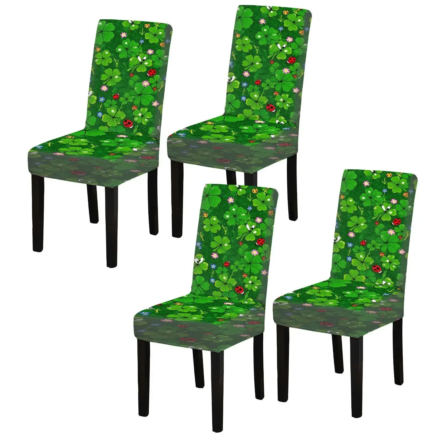 Elastic dining chair cover Cute four-leaf clover ladybug pattern Vivid and interesting natural style printing design