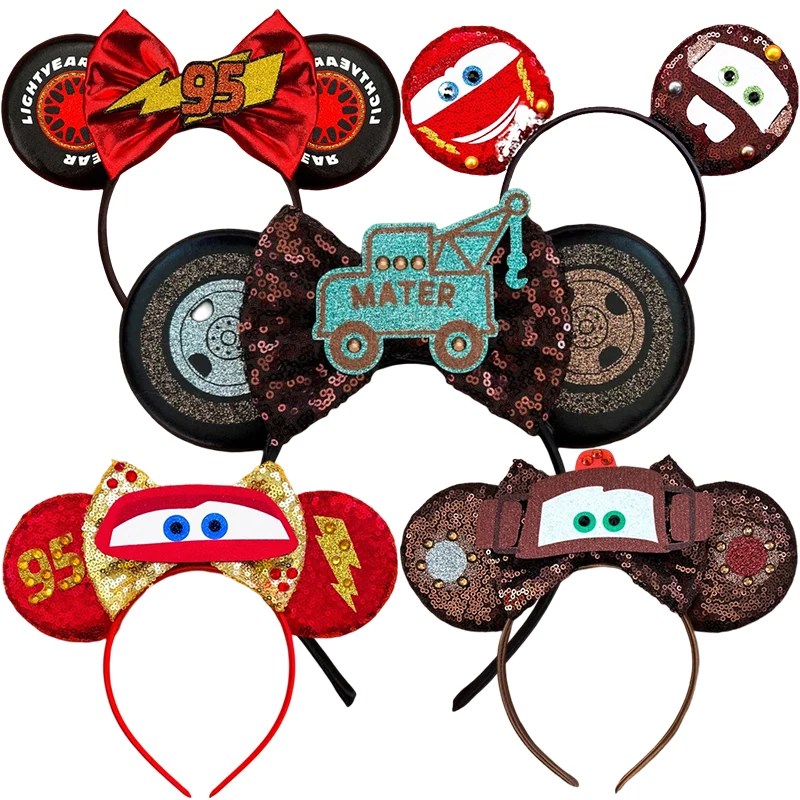 Disney Pixar Cars Hair Accessories Lightning McQueen Mickey Mouse Ears Headbands for Girls Kids Women Sequin Bow Hairband Gifts