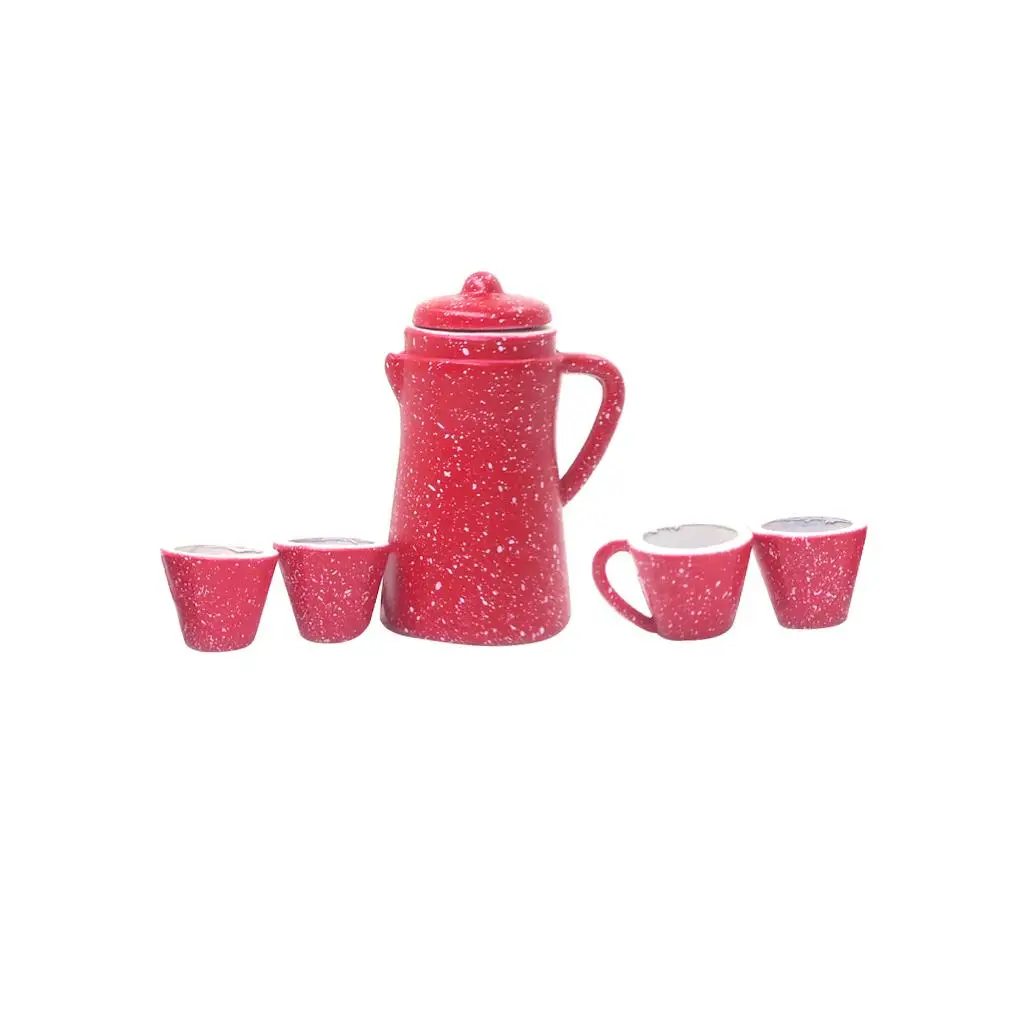 Miniature Ceramic Dollhouse Teapot and Cup Set Red Tableware Furniture for 1 12 Doll House Decor