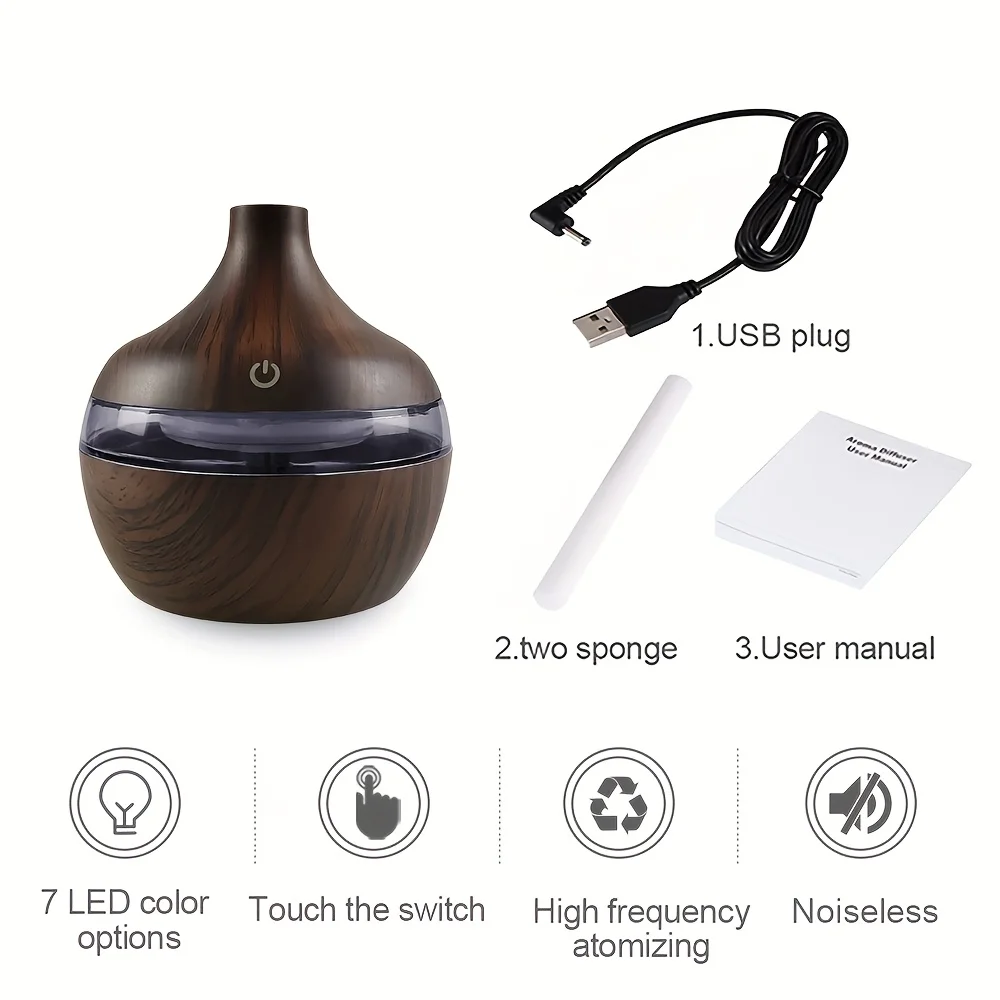 Elegant USB-Powered Wood Grain Humidifier with Touch Control - 10.14oz Aromatherapy Oil Diffuser Featuring Night Light, Includes