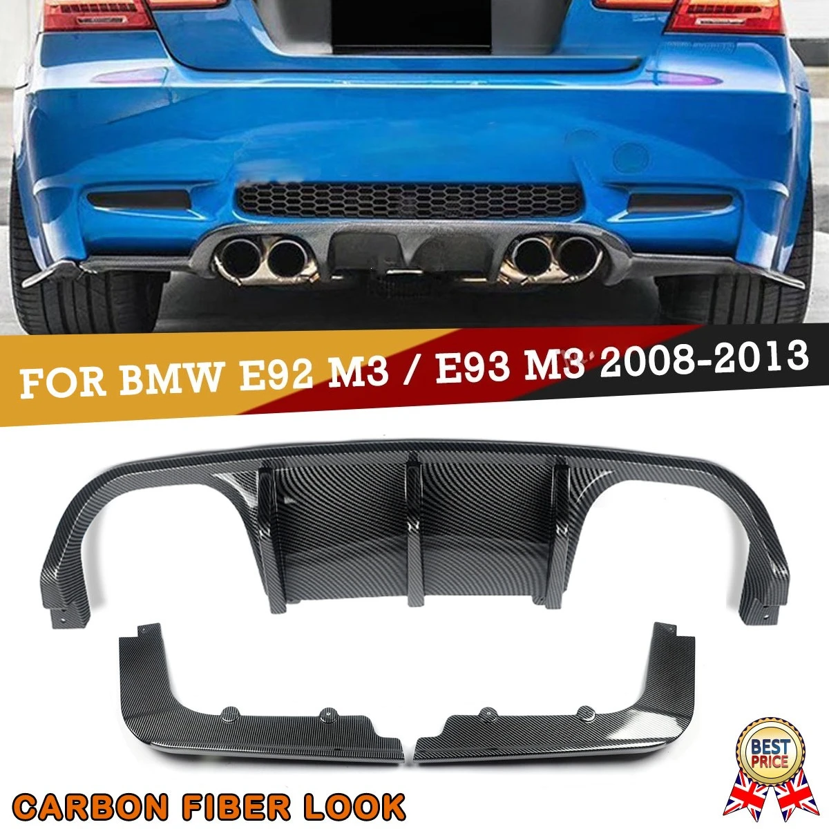 Diffuseur de pare-chocs arrière style V, aspect fibre de carbone, pour BMW E92 E93 M3 Coupé 2 portes 2008-2013, spoiler, échappements quadruples, kit carrosserie ABS