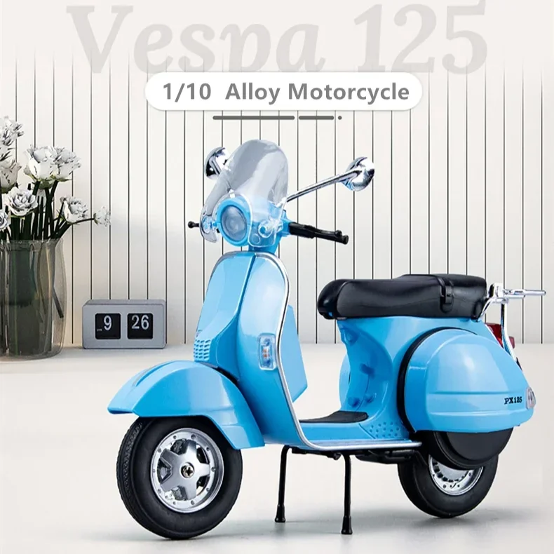 1:10 Vespa 125 Alloy Leisure Motorcycle Model Diecasts Metal Classic Motorcycle Model Simulation Sound and Light Childrens Gifts