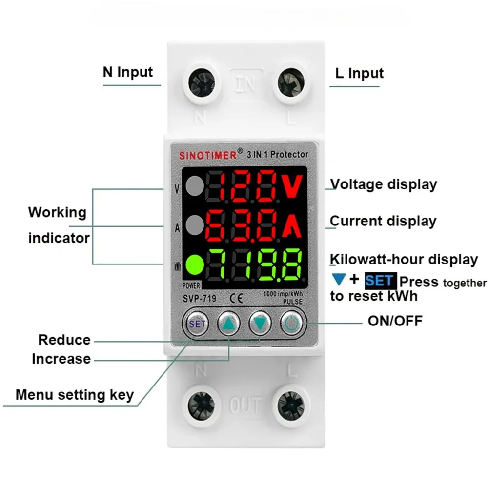 110V 120VAC Din Rail Adjust Over Under Current and Voltage Protective Device Protector Relay 40A 63A Power Consumption KWh Meter
