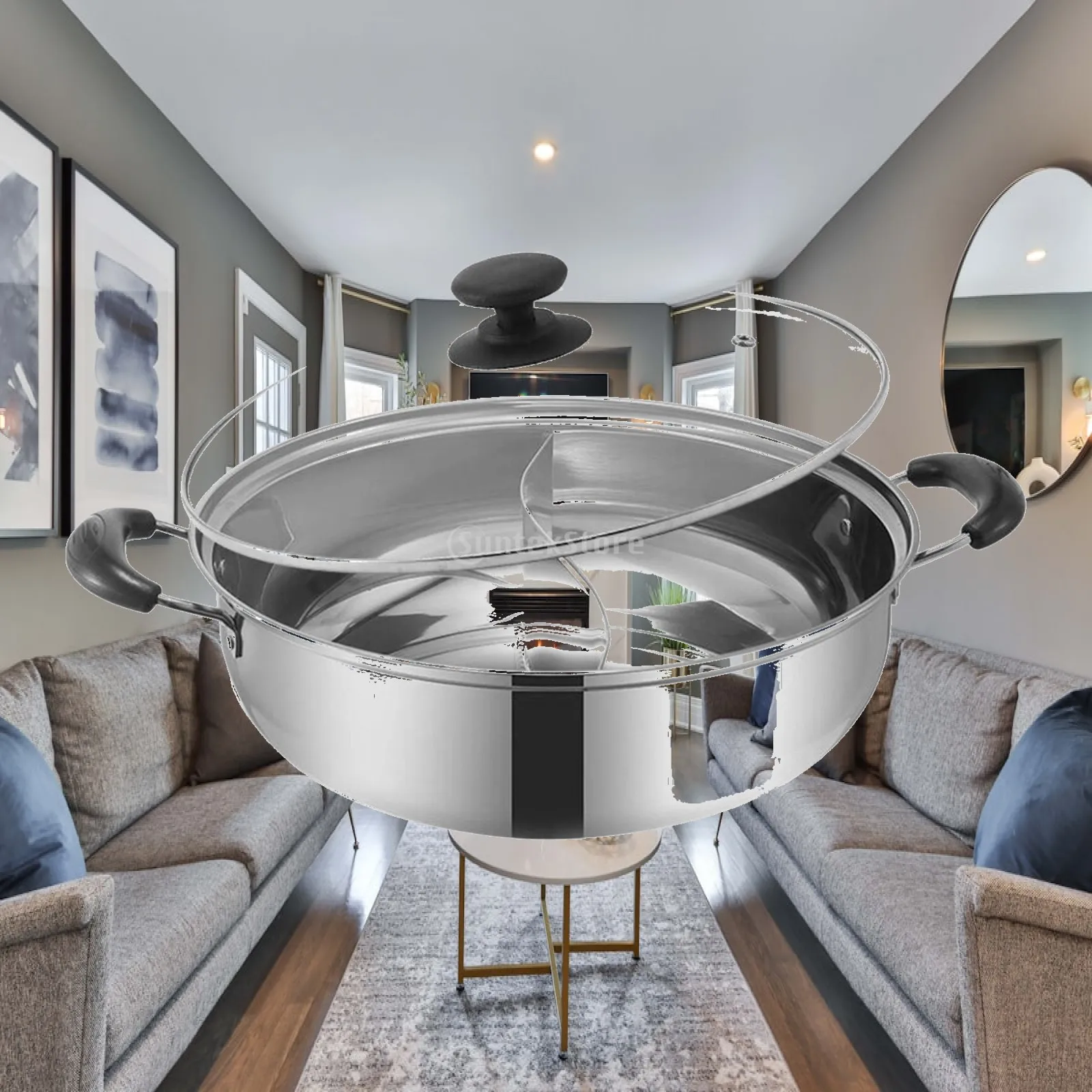 Hot Pot with Lid and Divider Stainless Steel Double Flavored Soup Pot for Party and Home Cooking