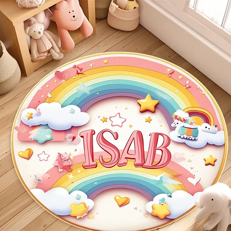 Rainbow Cartoon Round Carpet Home Bedroom Bedside Children's Room Cute Letters Washable Fluffy Rugs Non-slip Mat Customizable