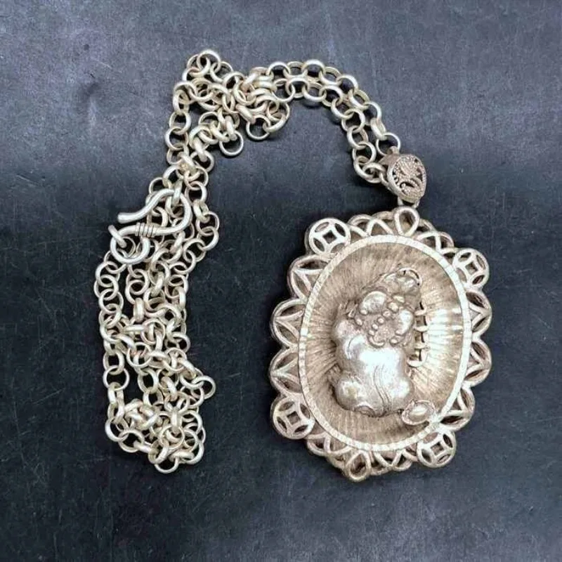 Imitation Qianlong Mark Silver Pixiu Tablet Pendant, Vintage Antique Craft Collectible Wealth Charm Jewelry