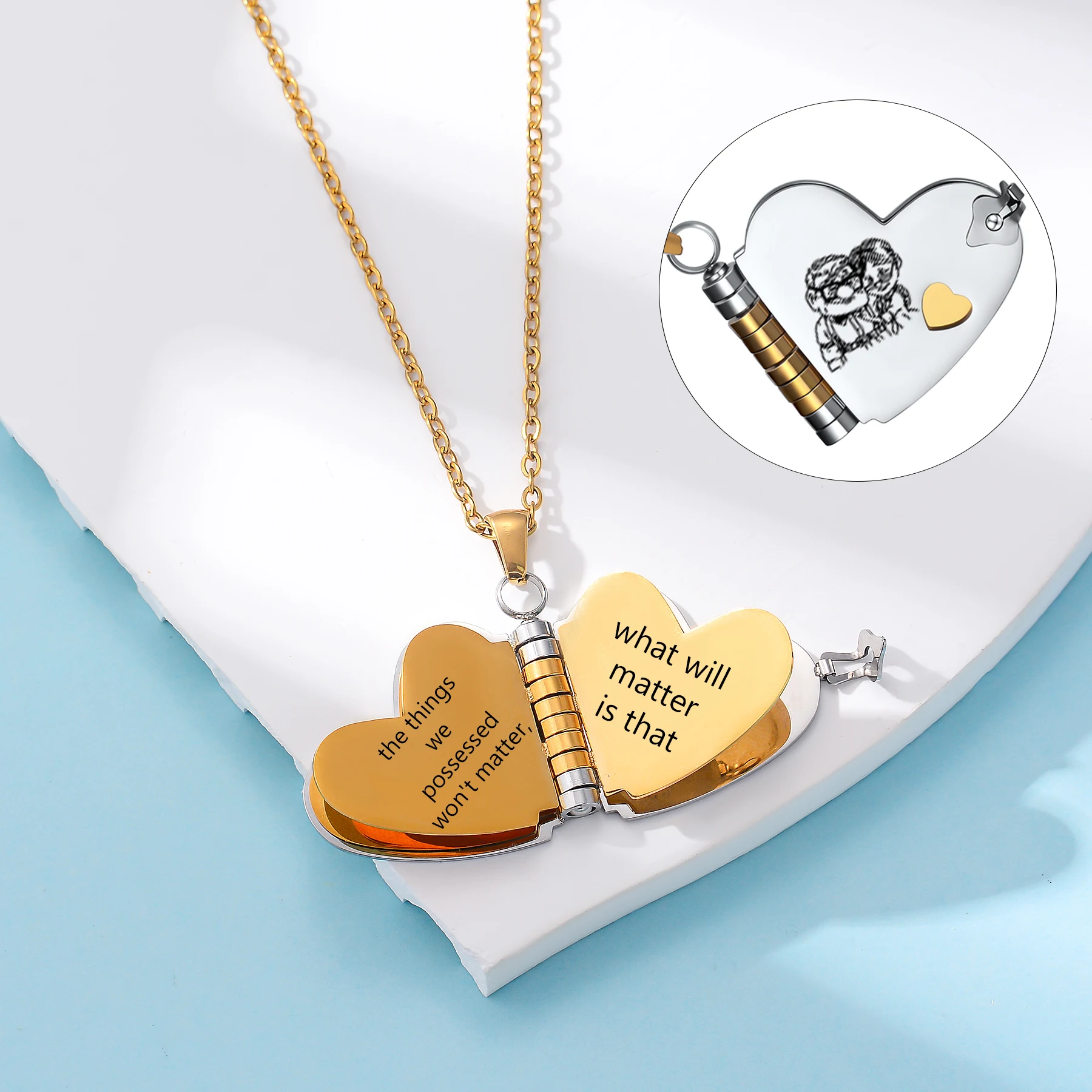

Stainless Steel Personalized Heart Locket Necklace with Inspirational Quotes Custom Photo Engraved Memory Pendant for Women