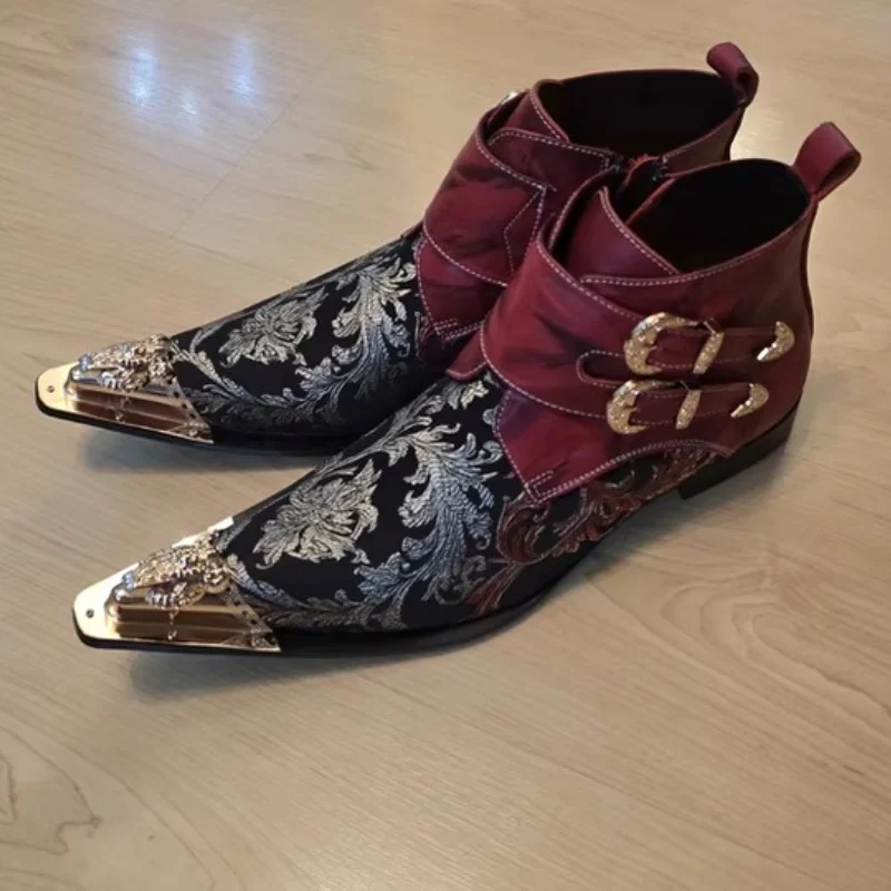 

Iron Pointed Chelsea Boots Men Red Black Flower Embroidery Ankle Boots Vintage Leisurely Leather Short Tube Rubber Boots Size 47