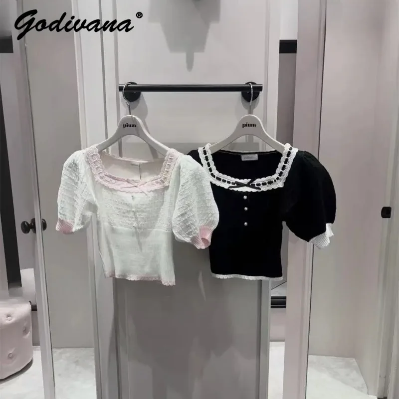 Japanese Style New Summer Girls Sweet Thread Lace Bow Short Sleeve Knitted Top Square Neck Women's Short T Shirts