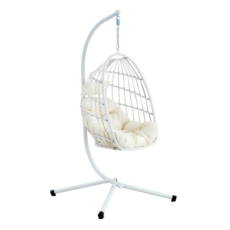 

Heavy-Duty Iron Wicker Weave Swing Chair – Indoor/Outdoor Single Seat Hanging Chair (White)