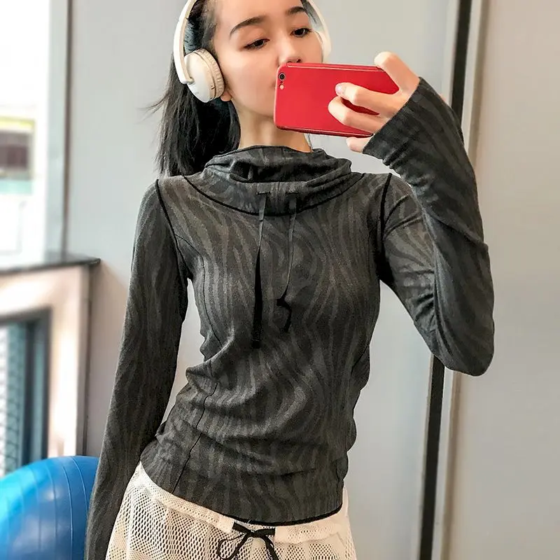 Women Yoga T-shirts Long-sleeved Striped Thin Fitness Sports Hoodie Stretch Gym Clothing Pilates Training Bottoming Quick-drying