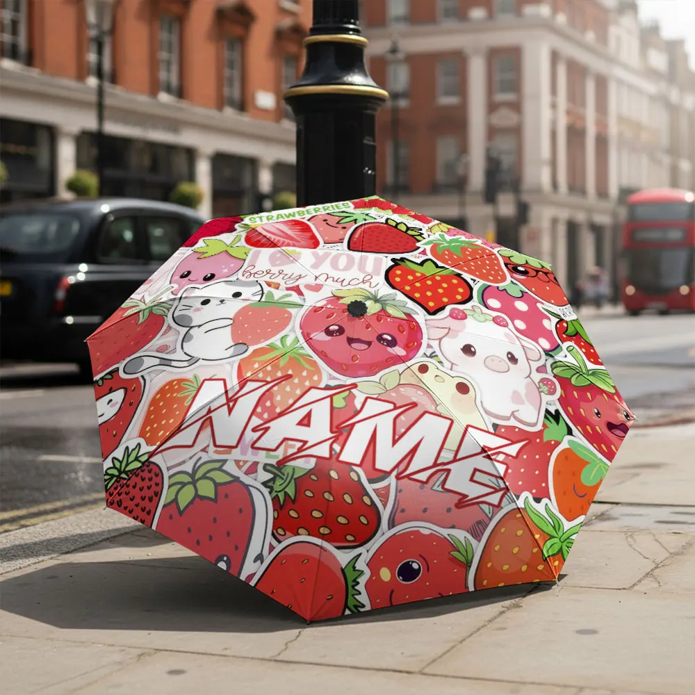 Custom Name umbrella,Sweet Strawberry Umbrella Cute Animal and Fruit Design Fashion Folding Umbrella for Sunny and Rainy Days