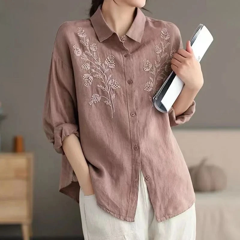

Женская одежда, повседневная универсальная свободная однотонная однобортная блузка, винтажная модная рубашка с длинными рукавами и вышивкой