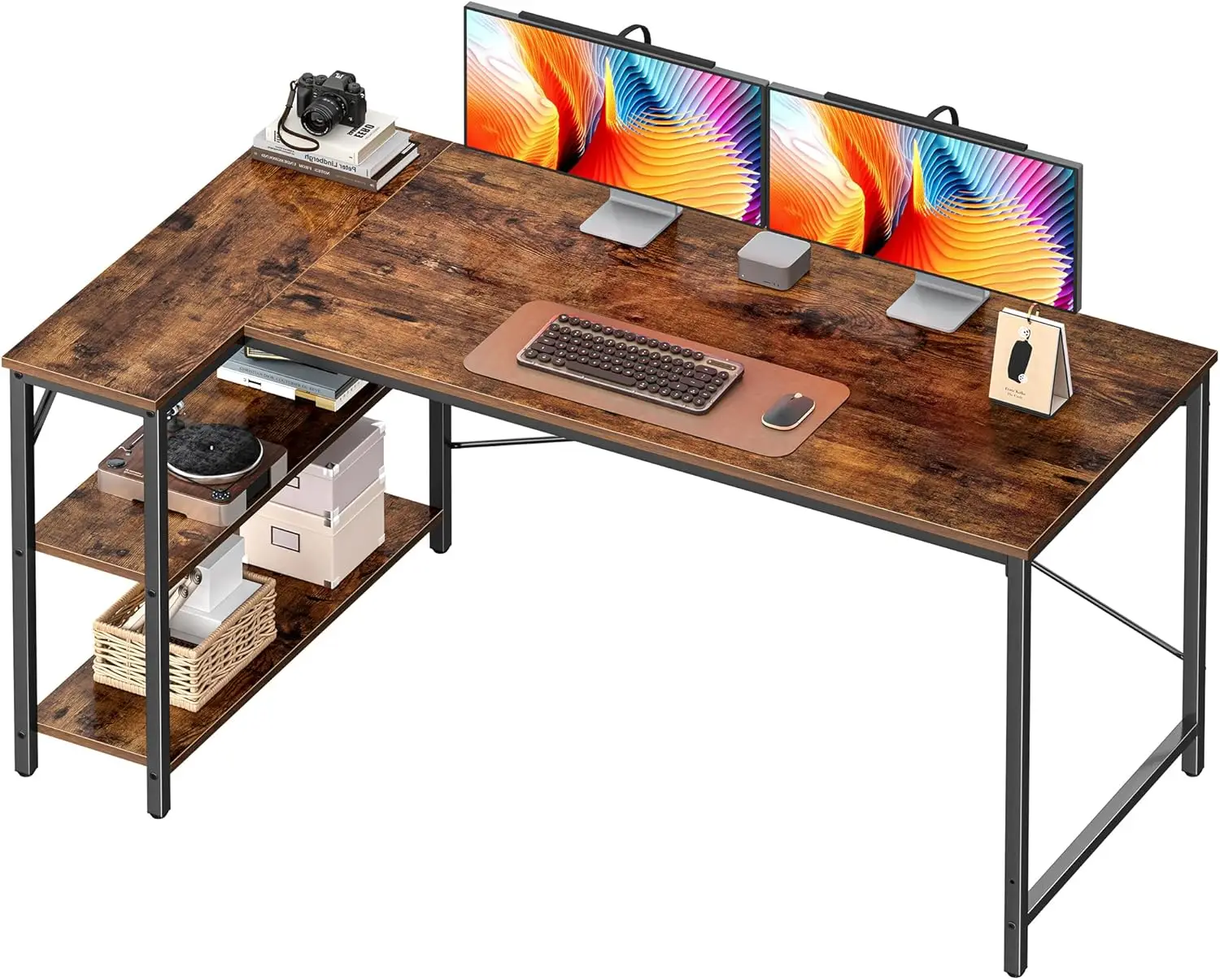 

L-Shaped Corner Desk, 55-Inch Gaming Office Table with Reversible Shelves, Rustic Brown Metal Frame