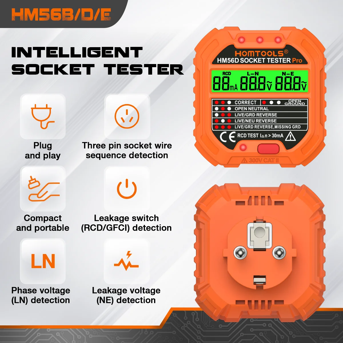 HOMTOOLS HM56 penguji soket Digital voltase 30mA RCD, detektor cerdas tes RCD EU colokan AS UK tanah nol garis polaritas pemeriksaan fase