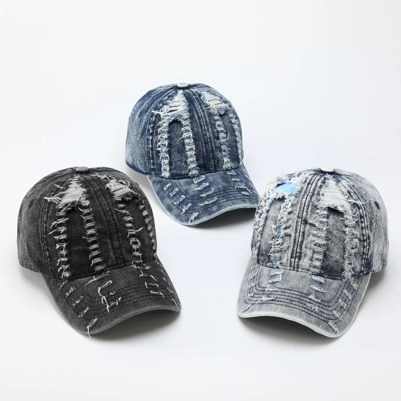 Ripped denim black American-style baseball cap for women, summer oversized and deepened duckbill cap