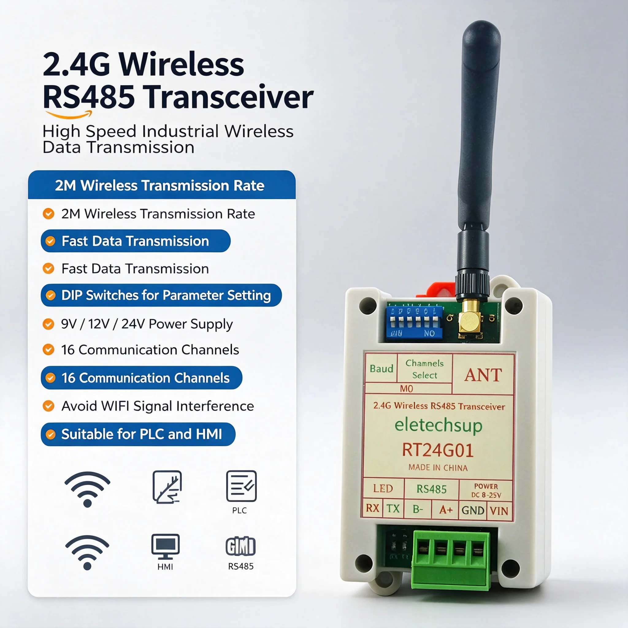 RT24G01 2.4G Wireless RS485 Transceiver 20dBm 2Mbps DTU Modbus RTU Module with DIN Rail DIP Switch for PLC HMI Industrial Auto