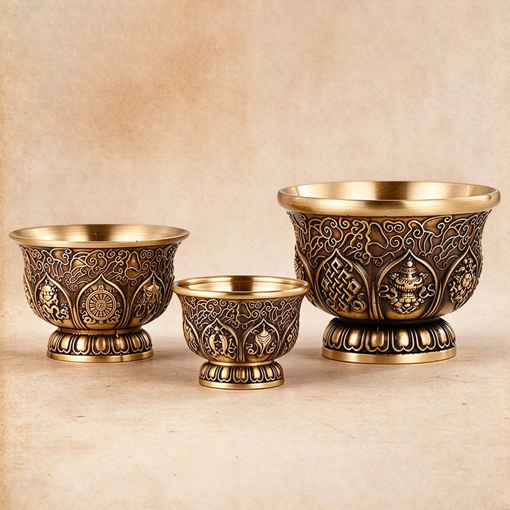 Tibetan Brass Eight Treasures Water Offering Bowls, 8-Auspicious Symbols Copper Holy Water Cups, Bowls, Home Worship Ornament