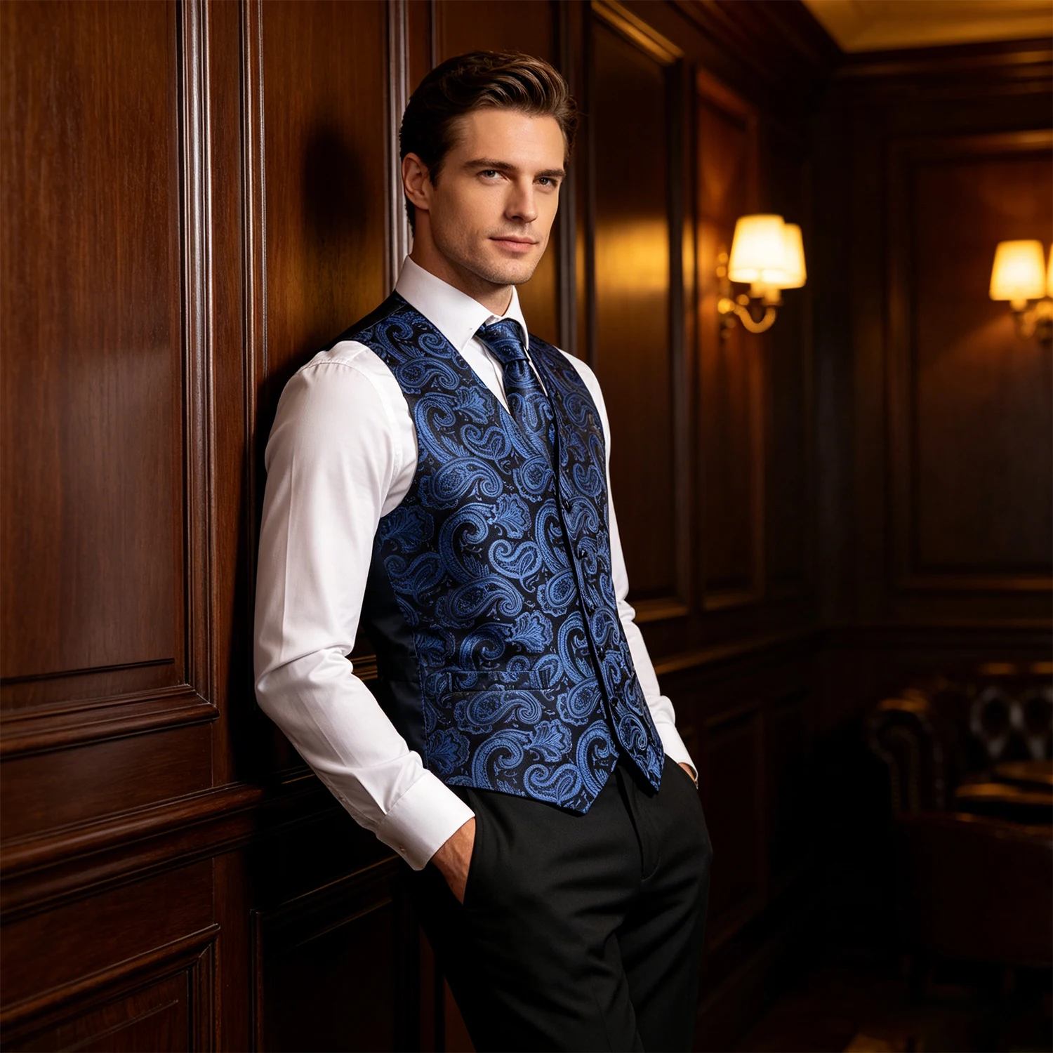 Navy Subtle Paisley Jacquard Vest Accessory Set Tie Pocket Square Cufflinks For Wedding Guest Formal Ball