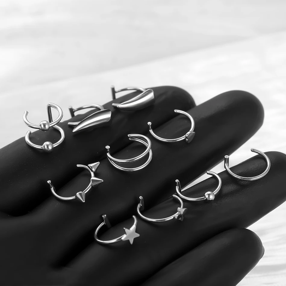 1-10pcs Stainless Steel C Shape Lip Ring Cross Star Heart Fake Piercing Nose Ring Women Body Jewelry Non-Pierced