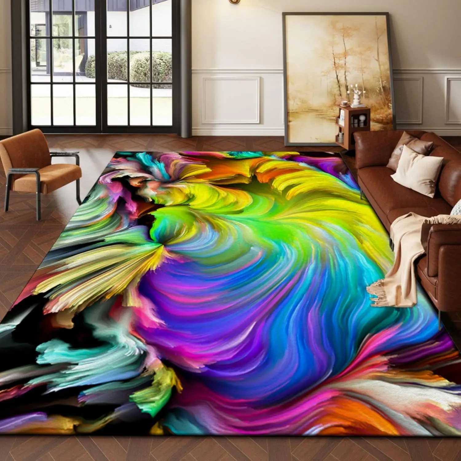 Dreamy Swirling Fluid Art Rug, Vibrant Multicolor Non-Slip Floor Mat for Bedroom & Living Room, Eye-Catching Abstract Home Decor