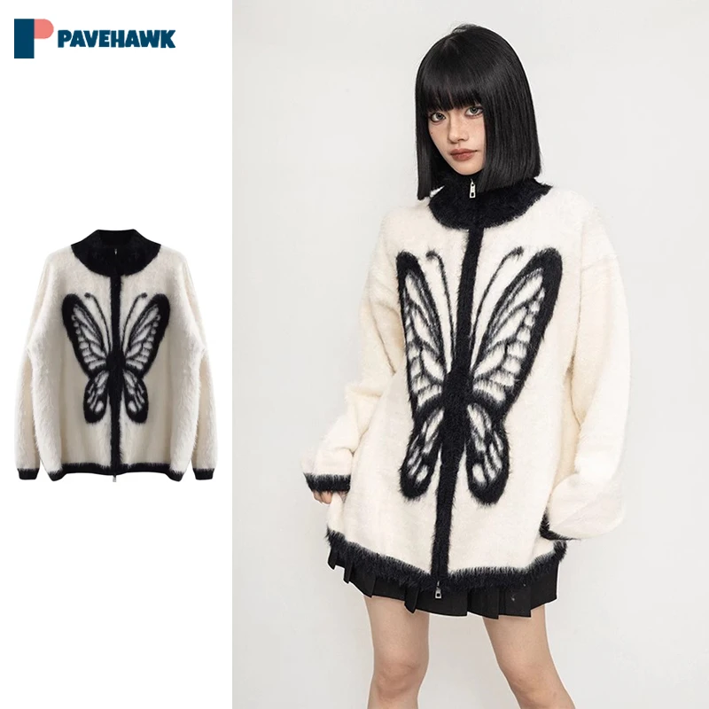 

Harajuku Double Zipper Sweater Cardigan Man Woman Loose Butterfly Jacquard Knitted Sweaters Coats Y2k Couple Patchwork Outwear