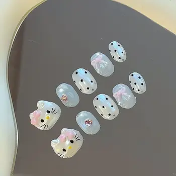 10片裝夏季綠色波點貓眼短版美甲貼片,Hello Kitty可愛圖案,手工壓克力假指甲,禮品 8 最佳銷售 Hello Kitty 假指甲 - №8