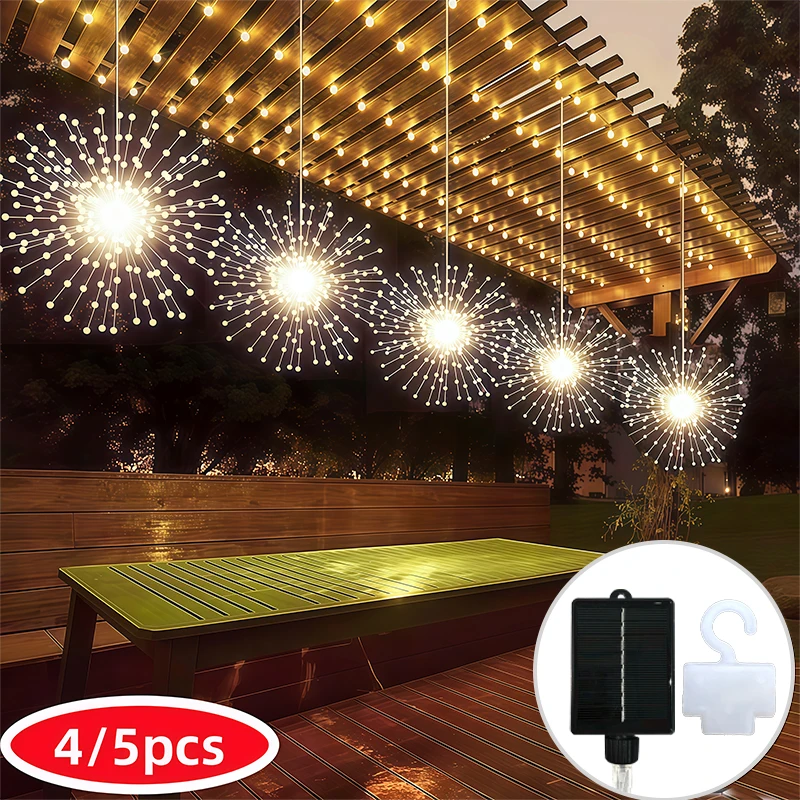 Solar Hanging Firework Lights 4x60LED-5x90LED Warm White Colorful Outdoor Garden Decor Waterproof IP54 8 Modes Christmas Wedding
