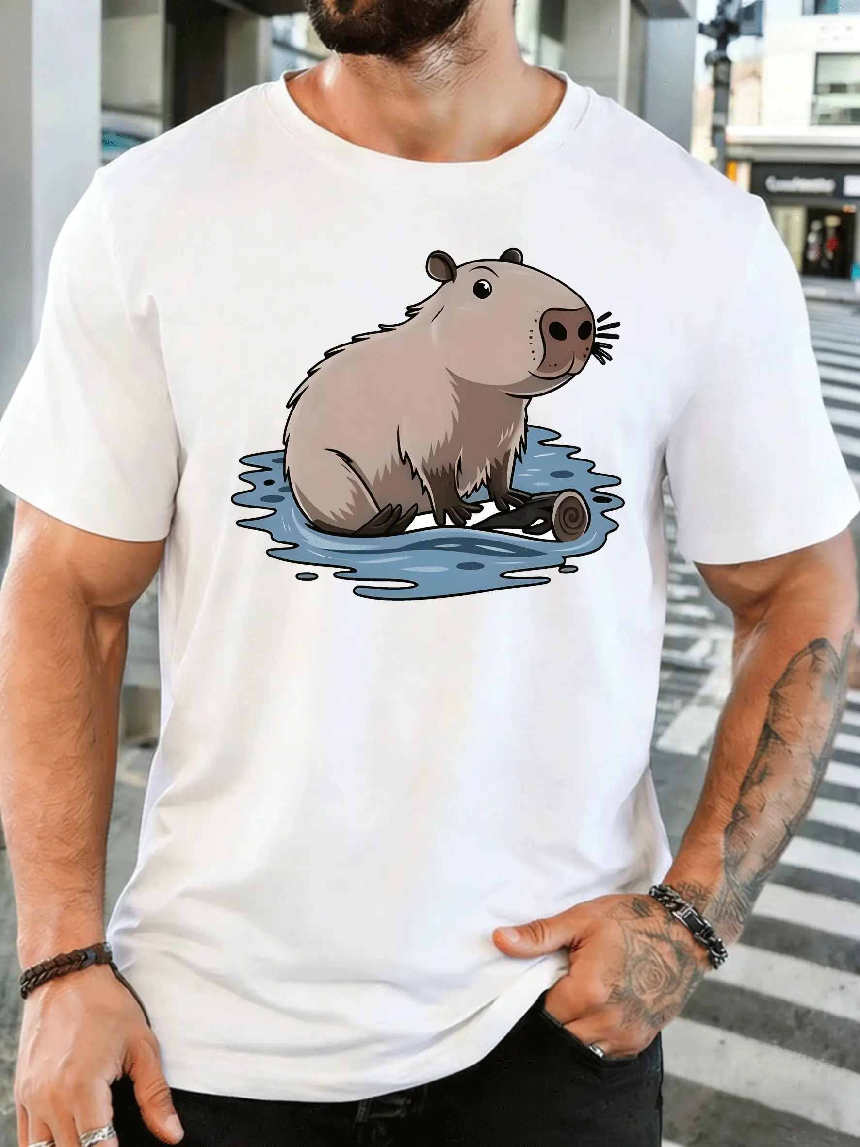 Cute Cartoon Capybara Sitting In Water Mens Front Print T Shirt Wild Animal Graphic Casual Short Top Nature Animal Lover Gift