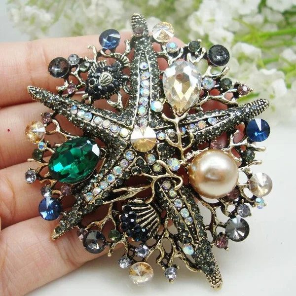 

Pendant Vintage Multi-color Starfish Pearl Woman's Brooch Pin Rhinestone Crystal