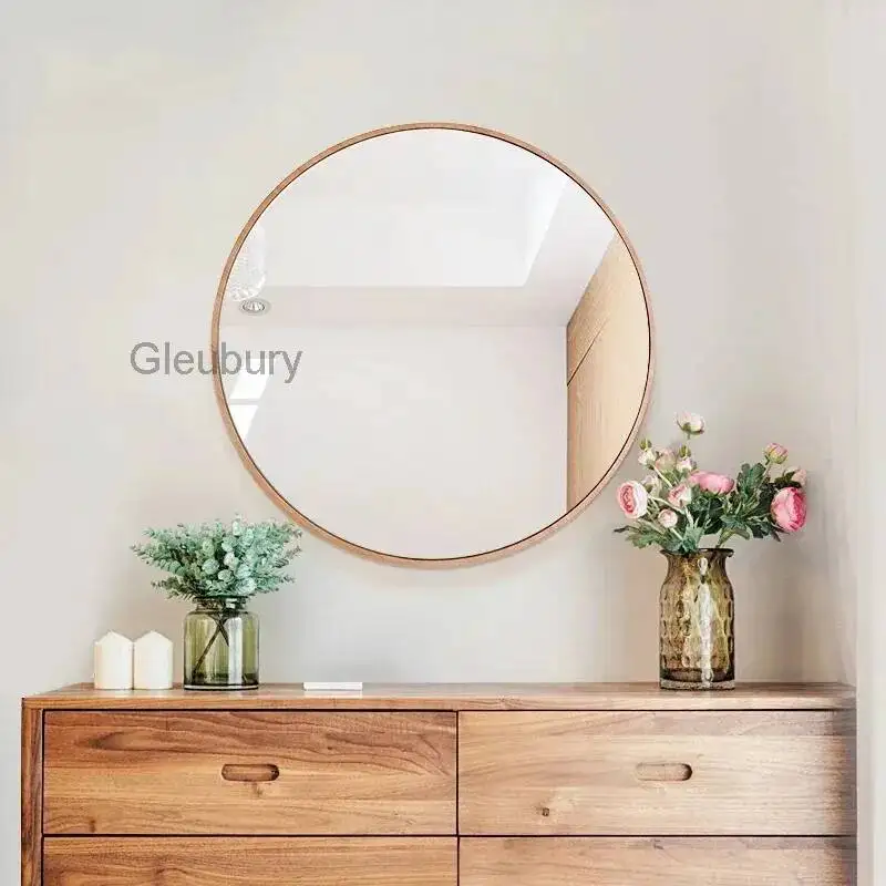 Wall Nordic Round Bathroom Mounted Mirror Dressing Table Mirror Make Up Wooden Miroir Salle De Bain Aesthetic Room Decoration